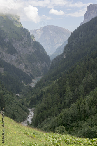 Bergpanorama: Schroffes Alptal mit mäandrierendem Fluss