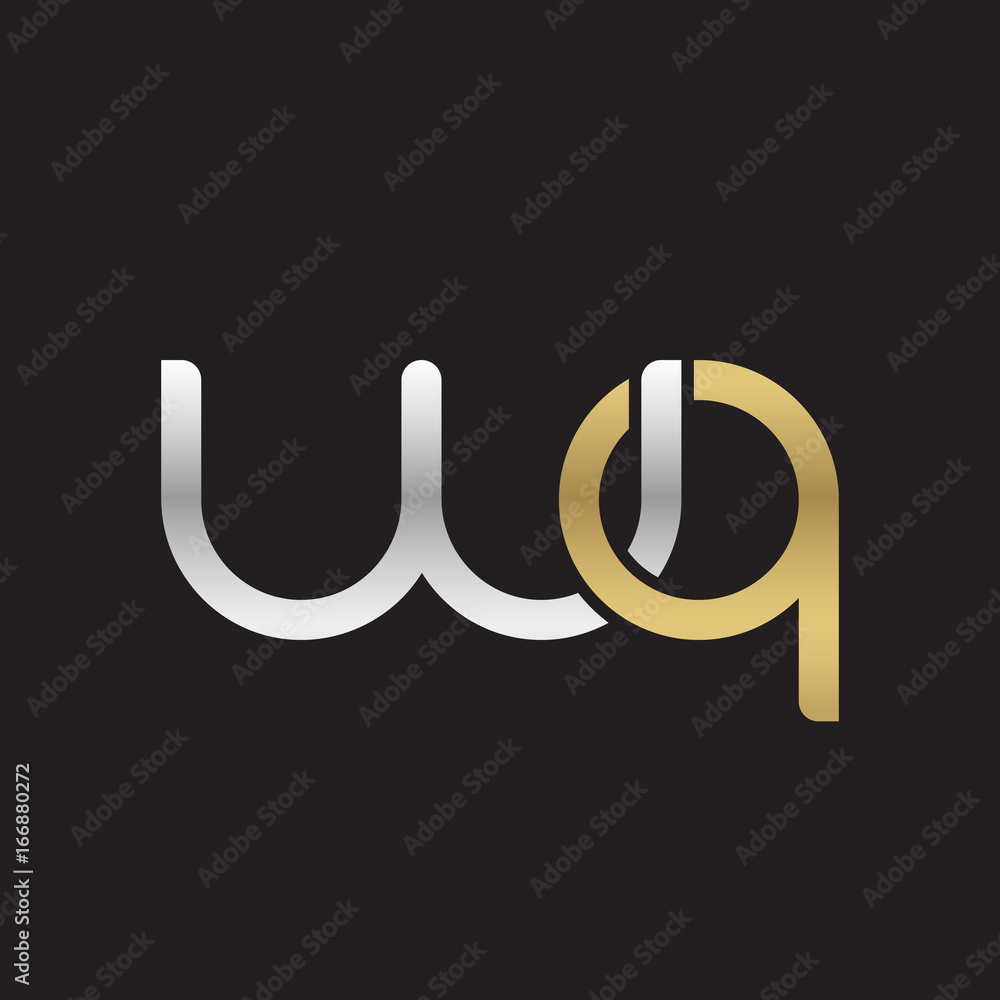 Initial lowercase letter wq, linked overlapping circle chain shape logo, silver gold colors on black background Initial lowercase letter wq, linked overlapping circle chain shape logo, silver gold colors on black background