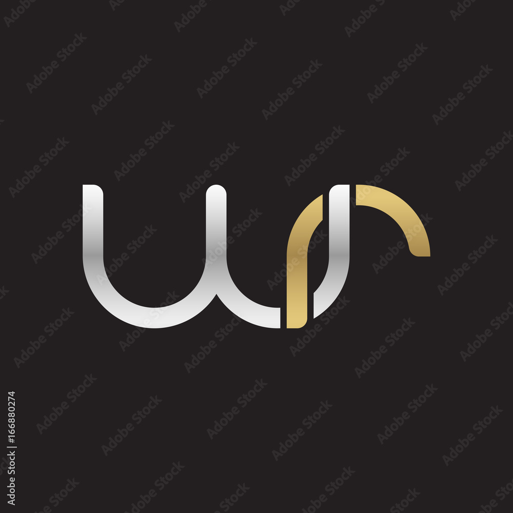 Initial lowercase letter wr, linked overlapping circle chain shape logo, silver gold colors on black background Initial lowercase letter wr, linked overlapping circle chain shape logo, silver gold colors on black background