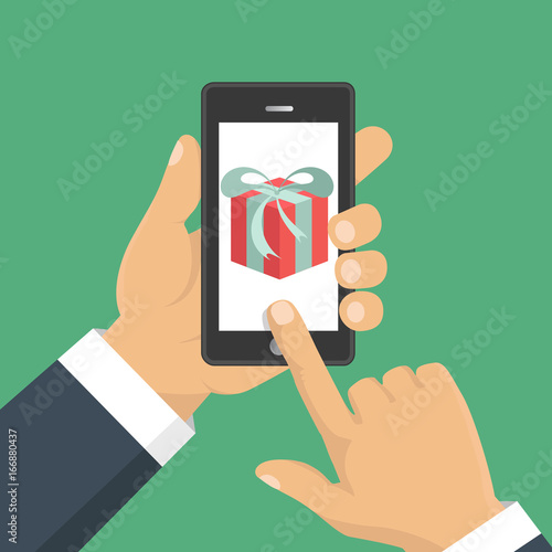 Gift app page on smartphone screen. Hand hold smartphone. Mobile concept for web banners, web sites, infographics. Vector illustration