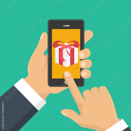 Gift app page on smartphone screen. Hand hold smartphone. Mobile concept for web banners, web sites, infographics. Vector illustration