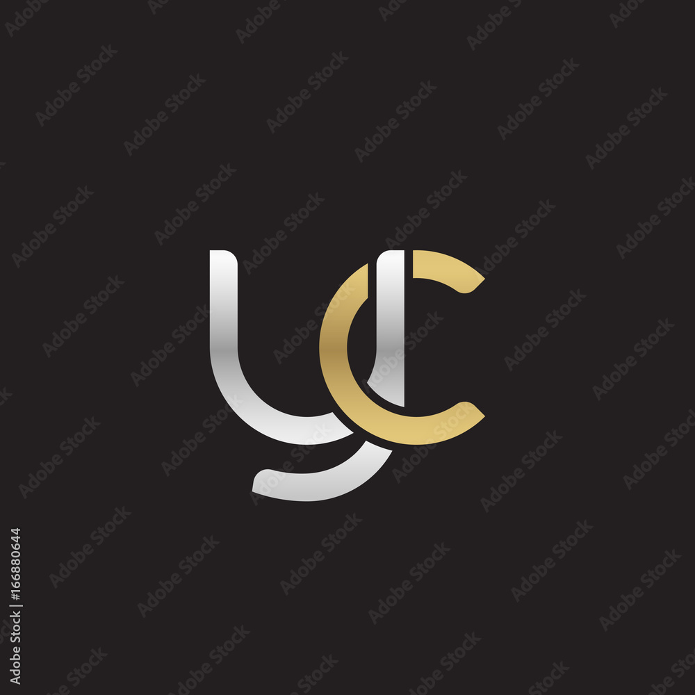 Initial lowercase letter yc, linked overlapping circle chain shape logo, silver gold colors on black background Initial lowercase letter yc, linked overlapping circle chain shape logo, silver gold colors on black background