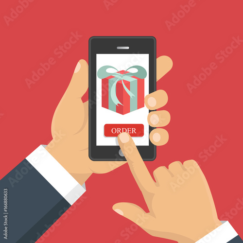 Gift app page on smartphone screen. Hand hold smartphone. Mobile concept for web banners, web sites, infographics. Vector illustration