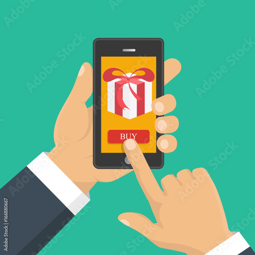 Gift app page on smartphone screen. Hand hold smartphone. Mobile concept for web banners, web sites, infographics. Vector illustration