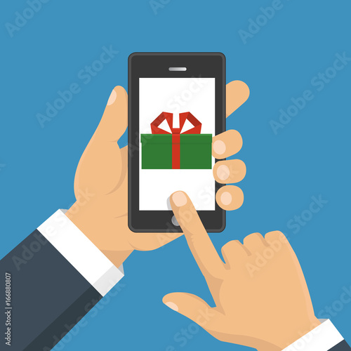 Gift app page on smartphone screen. Hand hold smartphone. Mobile concept for web banners, web sites, infographics. Vector illustration