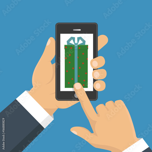 Gift app page on smartphone screen. Hand hold smartphone. Mobile concept for web banners, web sites, infographics. Vector illustration