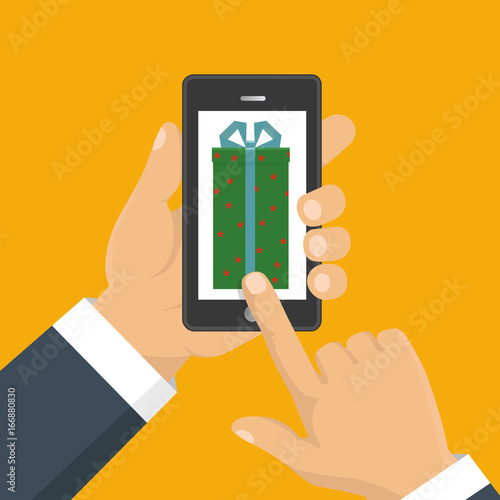 Gift app page on smartphone screen. Hand hold smartphone. Mobile concept for web banners, web sites, infographics. Vector illustration