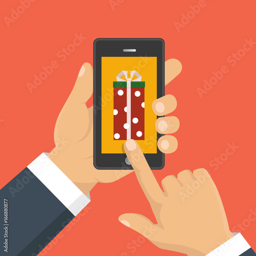 Gift app page on smartphone screen. Hand hold smartphone. Mobile concept for web banners, web sites, infographics. Vector illustration