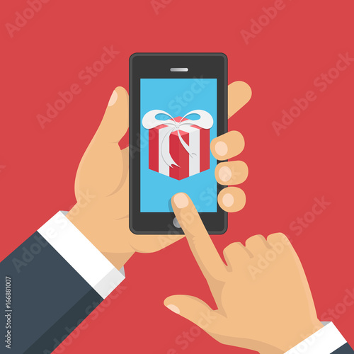 Gift app page on smartphone screen. Hand hold smartphone. Mobile concept for web banners, web sites, infographics. Vector illustration