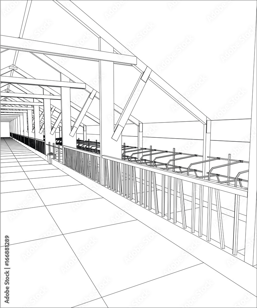 Fototapeta premium Abstract industrial building constructions indoor. Tracing illustration of 3d.