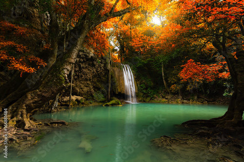 Beautiful autumn Erawan waterfall in deep forest, Kanchanaburi, Thailand.