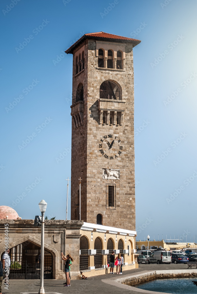 Rhodes, Greece - August 28, 2015: Tower St. Nicholas' fortress, Rhodes, Greece