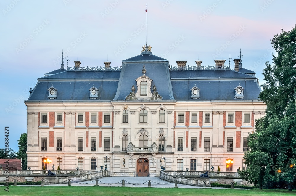 Naklejka premium Castle in Pszczyna town in Poland. Beautiful antique neo baroque castle.