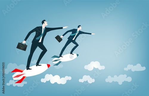 Superhero Businessmen flying on the rocket. Concept of success  leadership and victory in business.