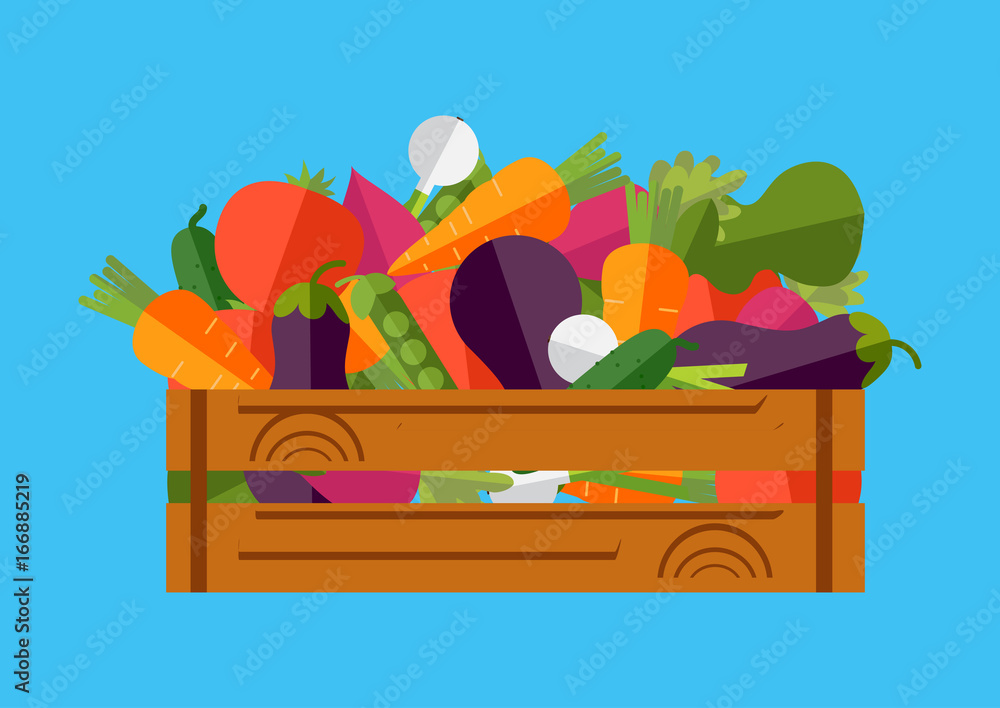 Set of fresh vegetables in a wooden box. Vector illustration, harvest Set of fresh vegetables in a wooden box. Vector illustration, harvest