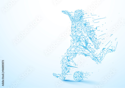 Abstract low polygon football player kicking the ball wireframe mesh on soft blue background