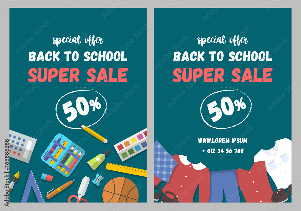 Back to school flyer template with School supplies and school uniform