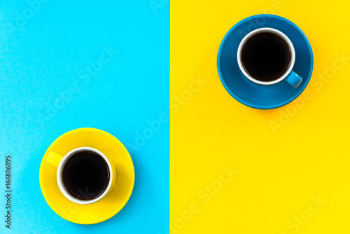 Flat lay vibrant design of minimalist pattern, coffee cups