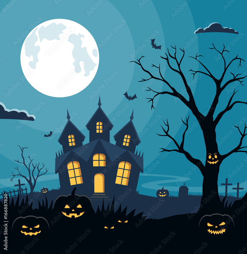 Halloween background with pumpkins and scary castle on graveyard. Invitation card on celebration Halloween.