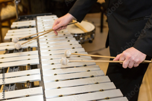 Fotografie xylophone, percussion instrument concept - closeup on wooden bars with four mall