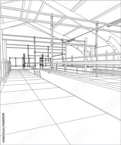 Industrial building constructions. Milk farm. Tracing illustration of 3d.