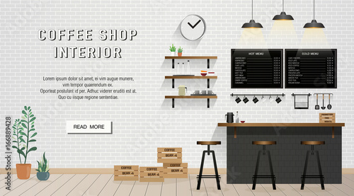 Cafe and Coffee Shop Interior design on brick wall banner with text and read more button  for website or cover
