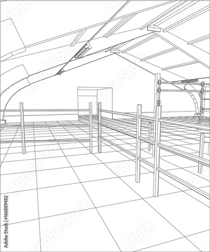 Wire-frame industrial building indoor on the white. Tracing illustration of 3d.