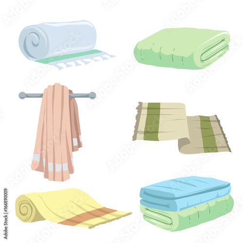 Trendy cartoon style towels icons set. Bath, home, hotel flat symbols. Vector hygiene illustration collection.