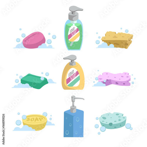 Cartoon clean bath set. Shampoo and liquid soap with dispenser, soap and colorful spoonges. Trendy stylized vector icon collection.