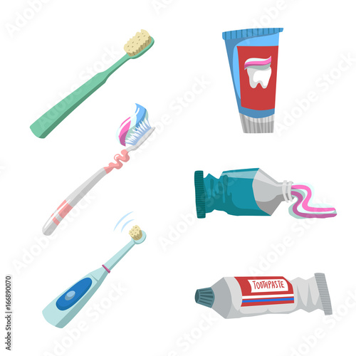 Cartoon flat style tooth care icons set. Tubes with toothpaste and different toothbrushes.Electric ultrasound toothbrush.