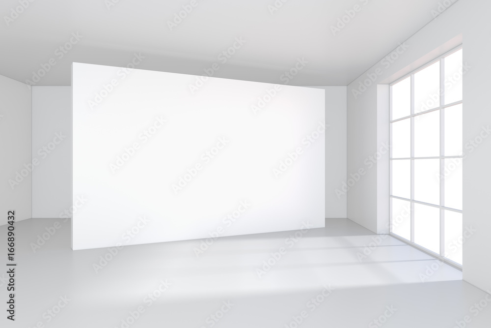 White billboard in an empty office with large windows and beautiful diffused light from the window. 3D rendering. White billboard in an empty office with large windows and beautiful diffused light from the window. 3D rendering.