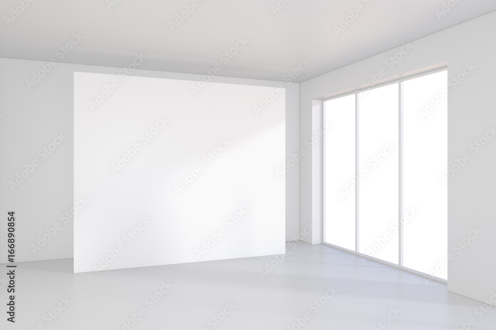 White billboard in an empty office with large windows and beautiful diffused light from the window. 3D rendering.