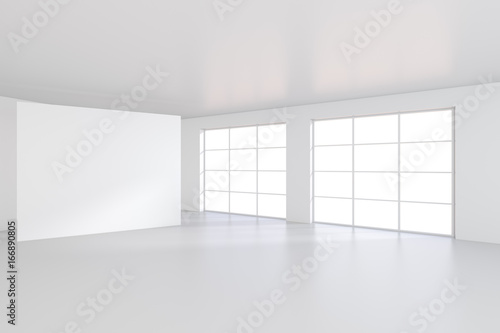 Empty white billboard in a big bright room. 3D rendering.