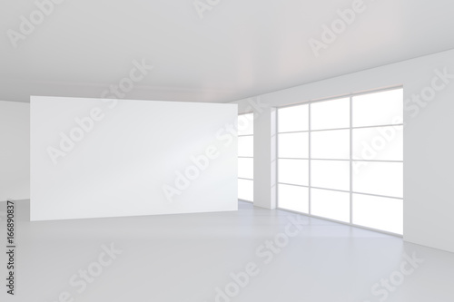 Large white billboard standing near a window in a white room. 3D rendering.