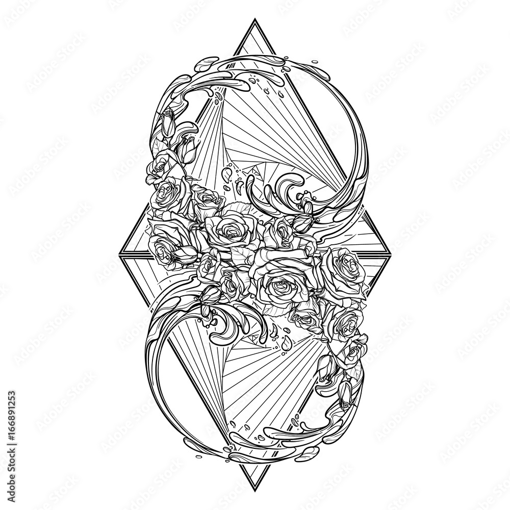 Alchemic Element of water sign. Artistic decorative interpretation of the  mathematical symbol with rose garland and water splashes. Concept design  for the tattoo, colouring book or postcard. EPS10 . Stock Vector |