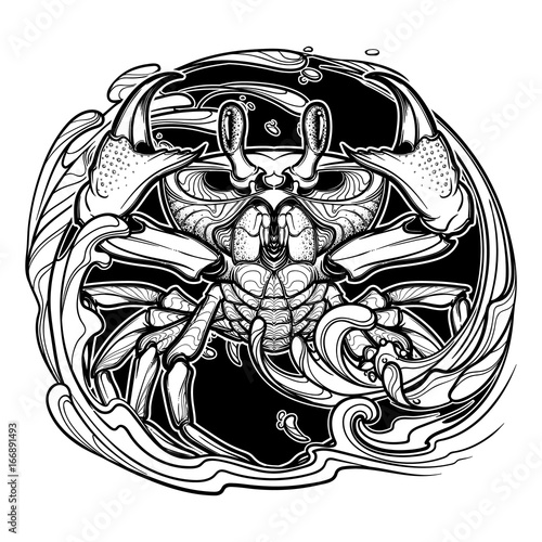 Alchemy element of water. Zodiac sign - Cancer. Hand drawn crab in a swirling water flow. Concept art for tattoo, horoscope. Coloring book illustration. Linear drawing itolated on white background
