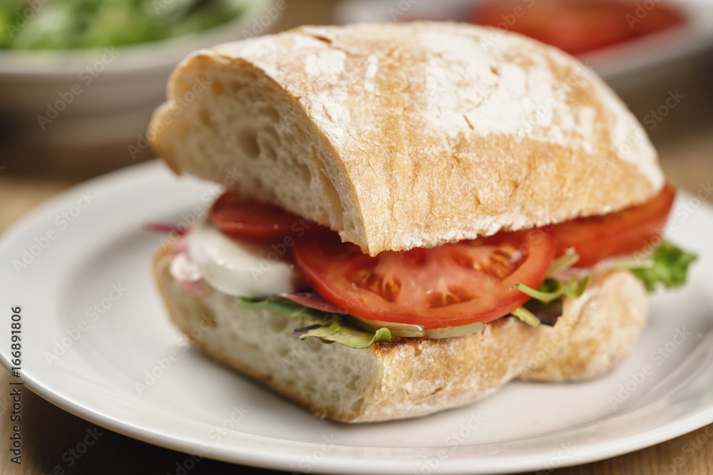 ciabatta sandwich with speck, mozzarella and vegetables ciabatta sandwich with speck, mozzarella and vegetables