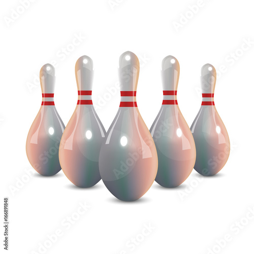 Realistic bowling icon set isolated on white background. Bowling strike with ball