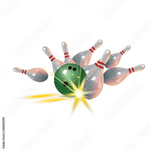 Realistic bowling strike concept on white background. Bowling strike with ball