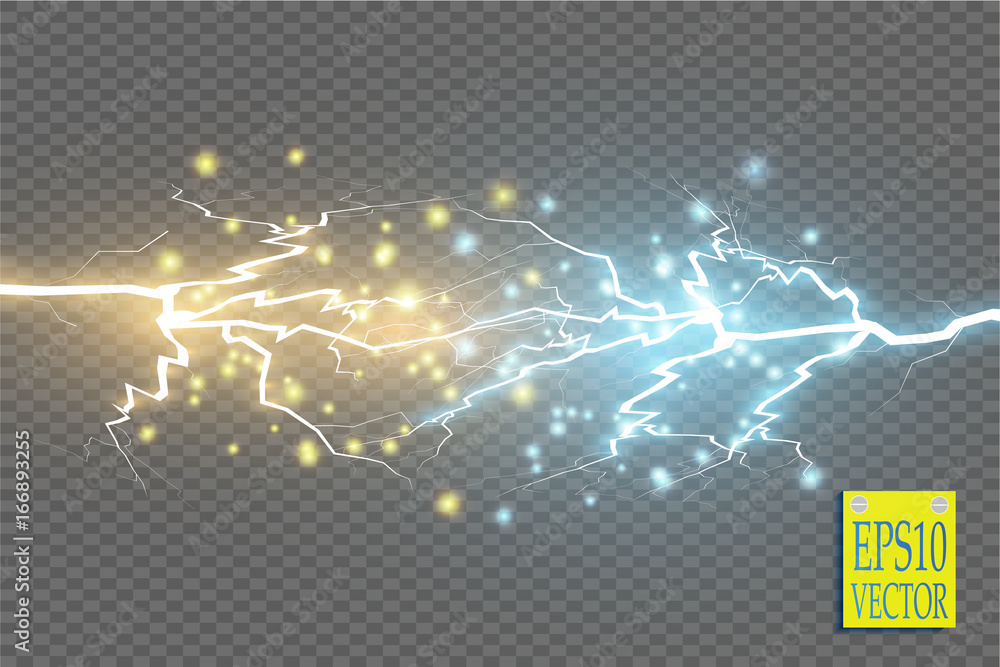 Obraz premium Collision of two forces with gold and blue light. Vector illustration. Hot and cold sparkling power. Energy lightning with electric discharge isolated on transparent background