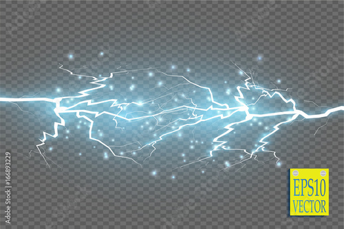 Blue abstract energy shock explosion special light effect with spark. Vector glow power lightning cluster. Electric discharge on transparent background. High voltage charged core