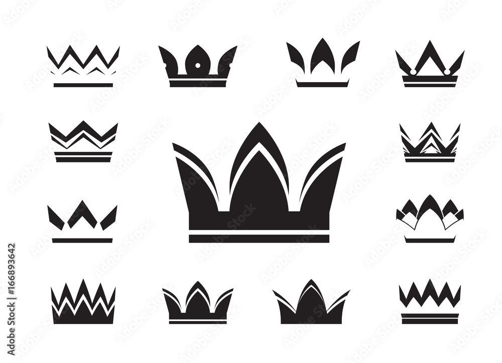Set of black vector crowns and icons Set of black vector crowns and icons