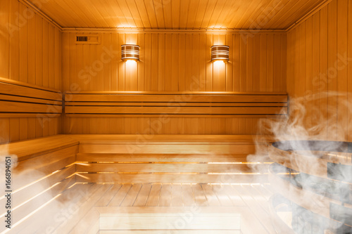 Interior of Finnish sauna, classic wooden sauna photo