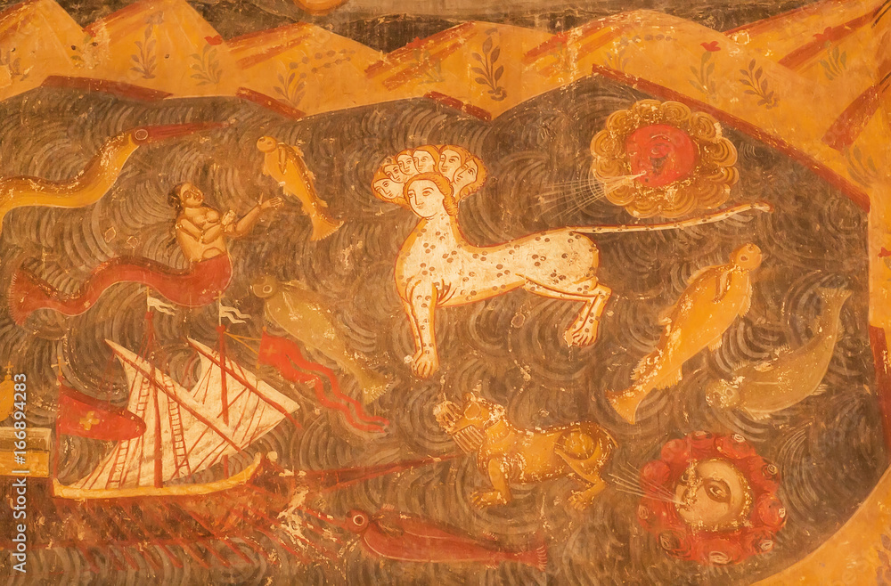 Mythical animals from the biblical stories on frescoes of christian cathedral in Georgia