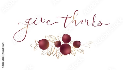 Words give thanks - Thanksgiving concept. Card for Thanksgiving Day on white background with cranberry and leaves. Vector illustration