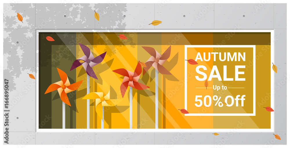 Naklejka premium Autumn sale window display with colorful pinwheels background , vector , illustration