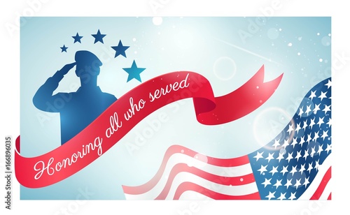 Happy Veteran Day flyer, banner or poster. Holiday background with waving flag, soldier silhouette and curving ribbon. Thank you, Veterans. Vector illustration