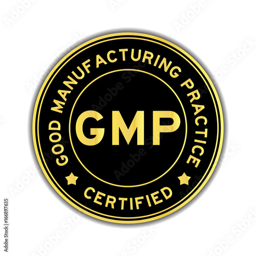 Black and gold color GMP (Good Manufacturing Practice) certified round sticker on white background