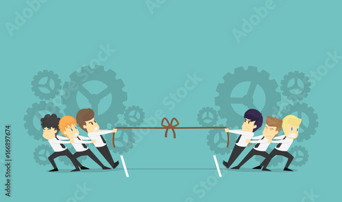 Businessman in career race. teamwork businessman fighting in the tug of war.Business young cartoon of success concept is man character.View businessman emotions moving  of man. Vector Illustration