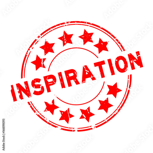 Grunge red inspiration with star icon round rubber seal stamp on white background